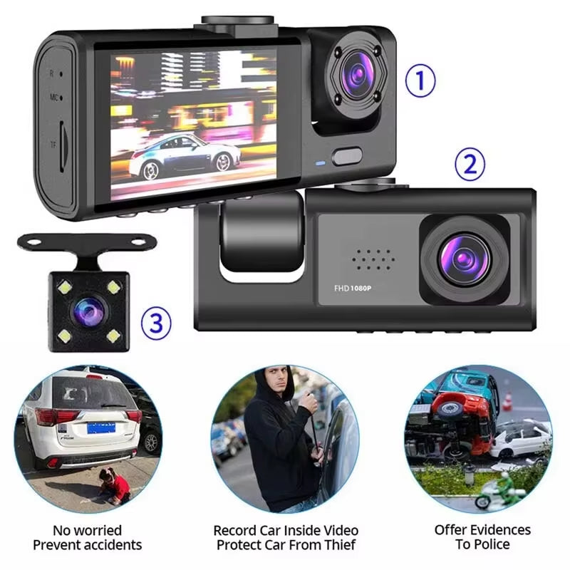 Dash Cam W/ IR Night Vision Loop Recording & 2" IPS Screen 1080P 3 Camera , DVR Recorder, Video Recorder, Vehicle DVR