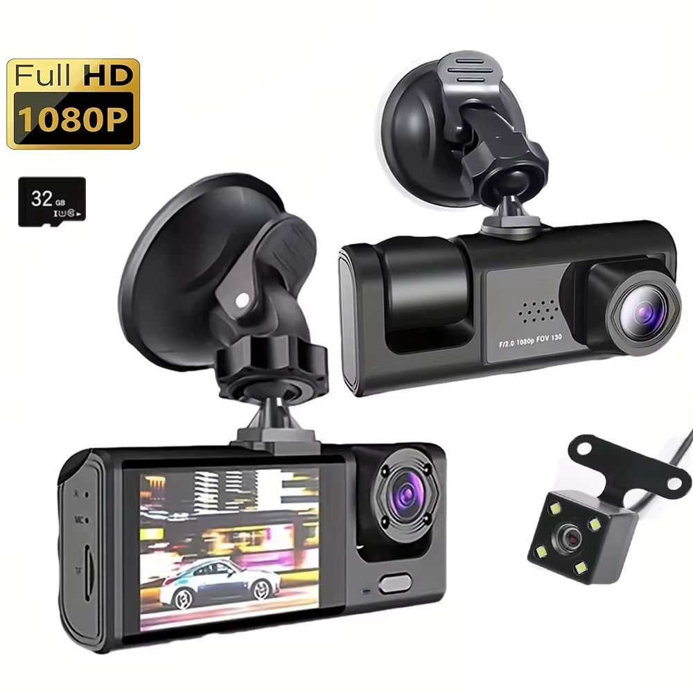 Dash Cam W/ IR Night Vision Loop Recording & 2" IPS Screen 1080P 3 Camera , DVR Recorder, Video Recorder, Vehicle DVR